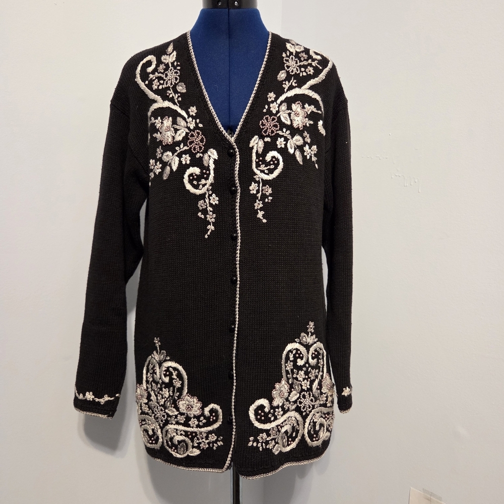 Vintage Black Beaded Embroidered Grandma Cardigan Size S